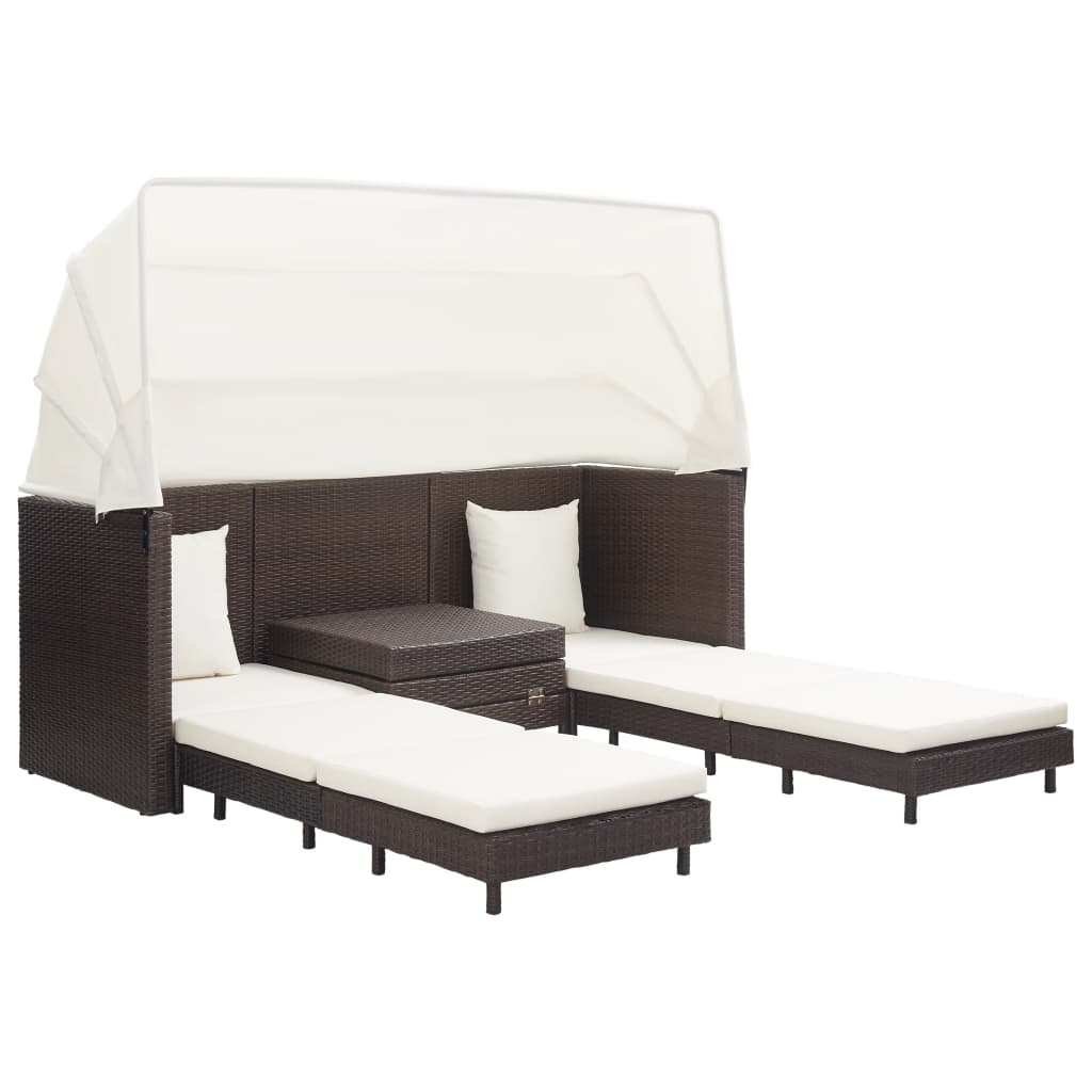 3-Seater Extendable Sofa Bed with Roof Poly Rattan Brown