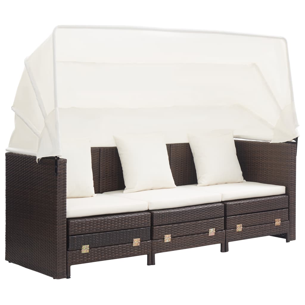 3-Seater Extendable Sofa Bed with Roof Poly Rattan Brown