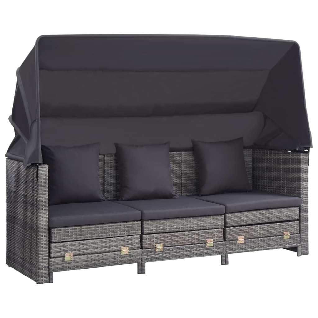 3-Seater Extendable Sofa Bed with Roof Poly Rattan Gray