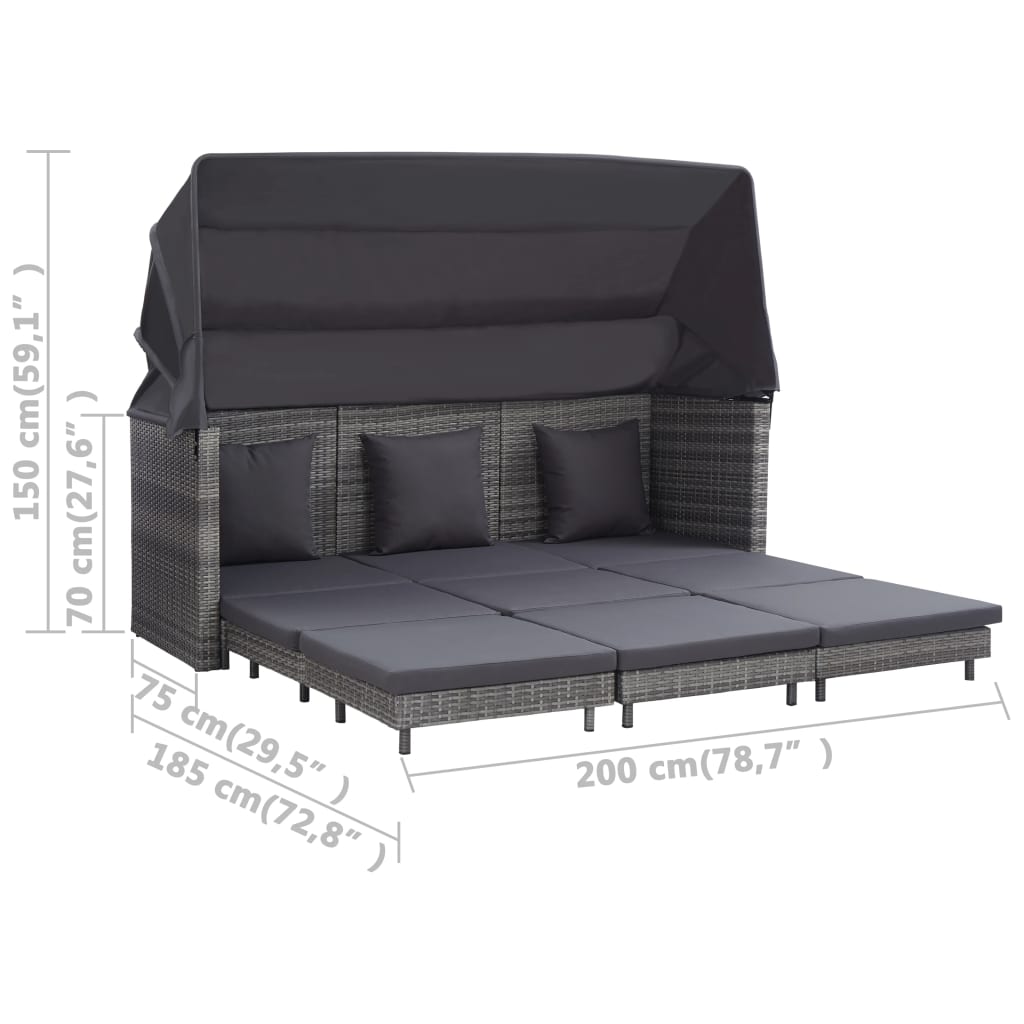 3-Seater Extendable Sofa Bed with Roof Poly Rattan Gray