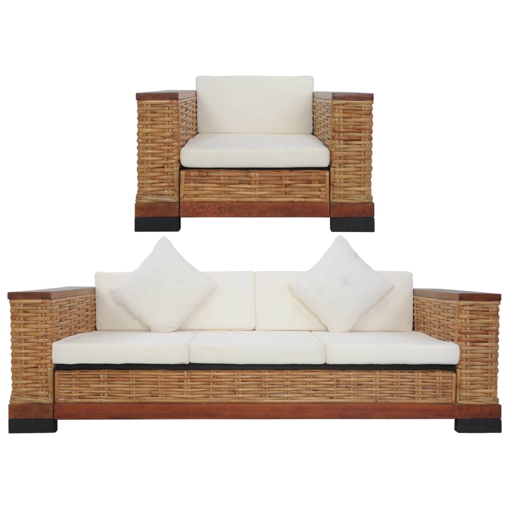 2 pcs. Sofa set with cushions brown natural rattan