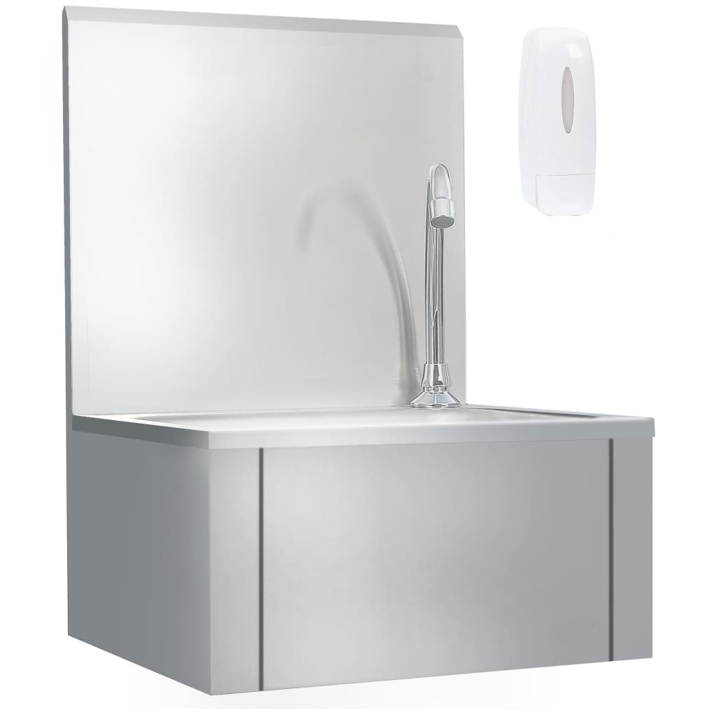 Hand wash basin with faucet and stainless steel soap dispenser