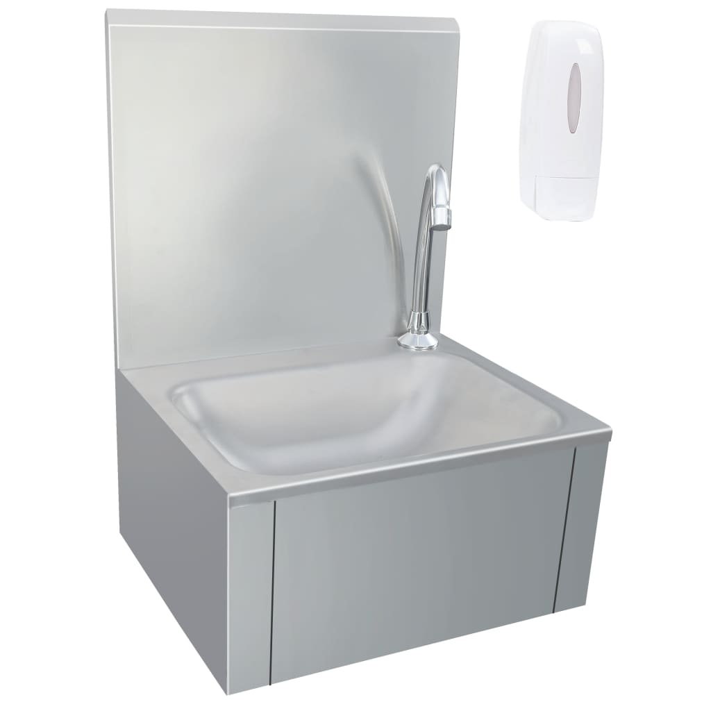 Hand wash basin with faucet and stainless steel soap dispenser