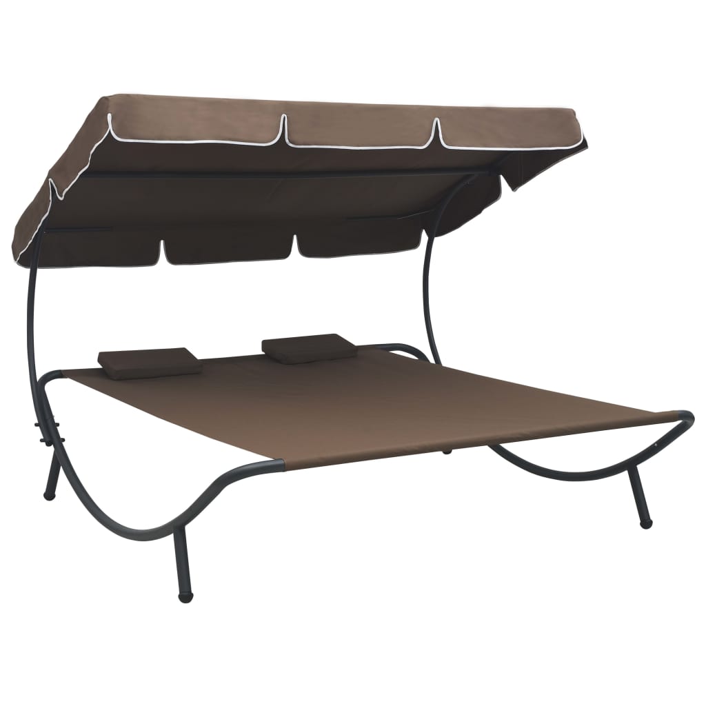 Garden sun lounger with sun canopy and brown cushions