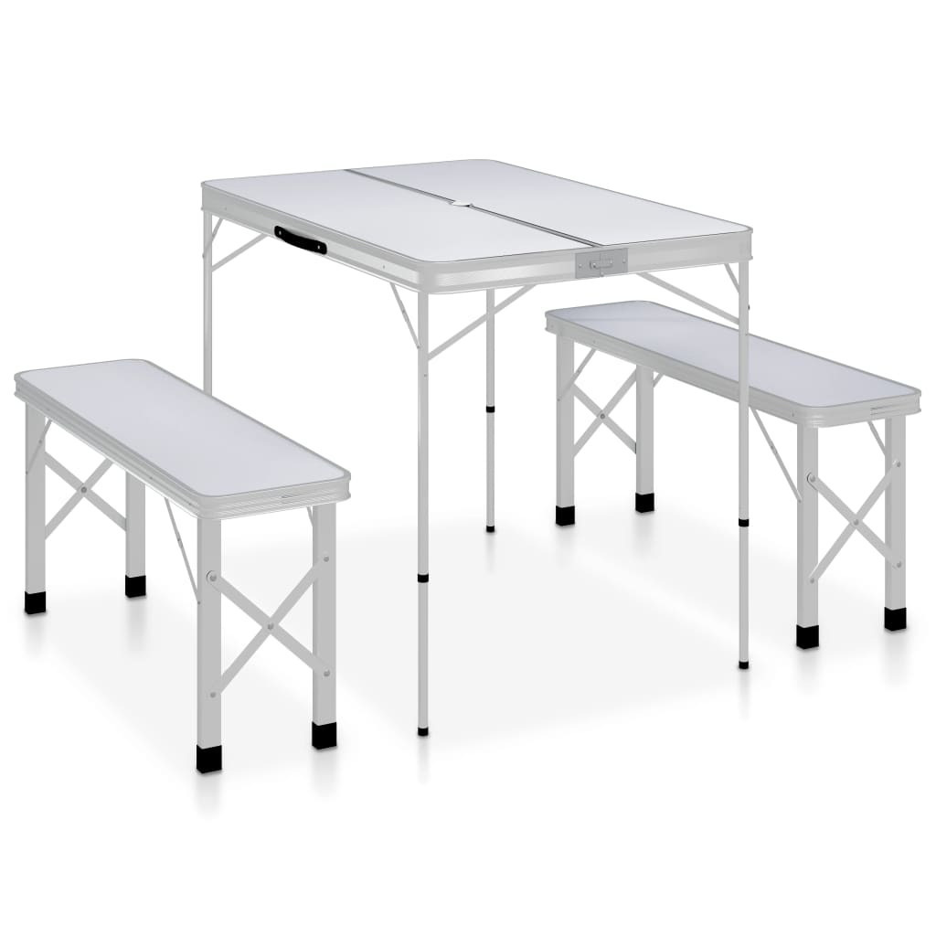 Folding camping table with 2 benches in aluminum white