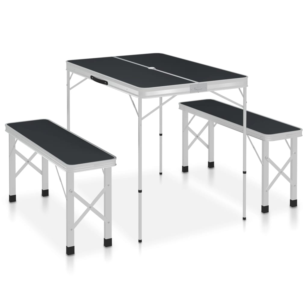 Folding camping table with 2 benches in aluminum gray