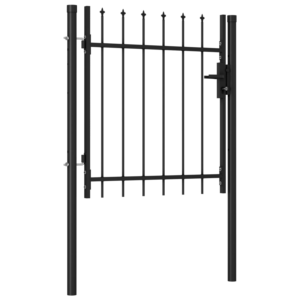 Fence gate single wing with spearheads steel 1 x 1 m black