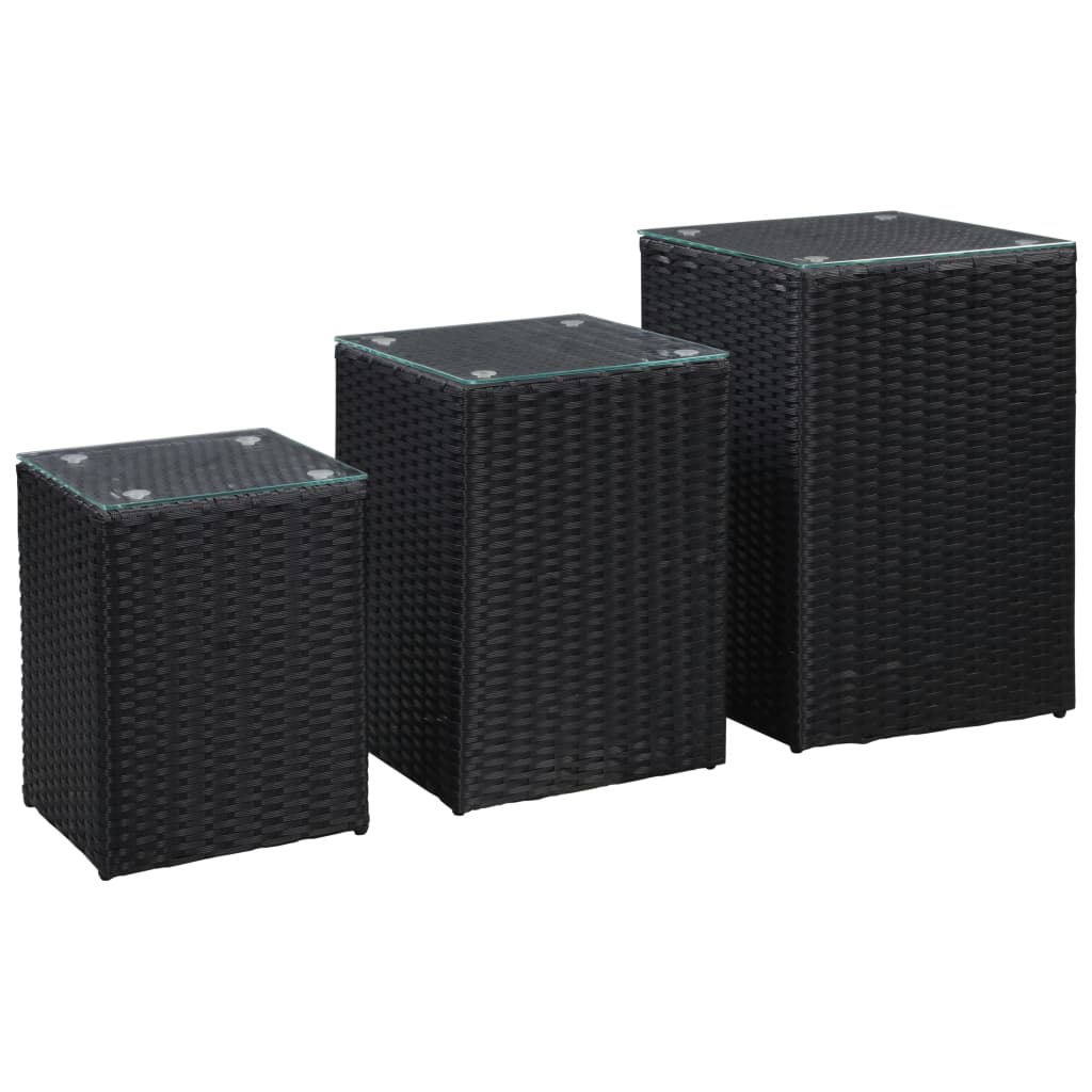 Side tables 3 pieces with glass top black poly rattan