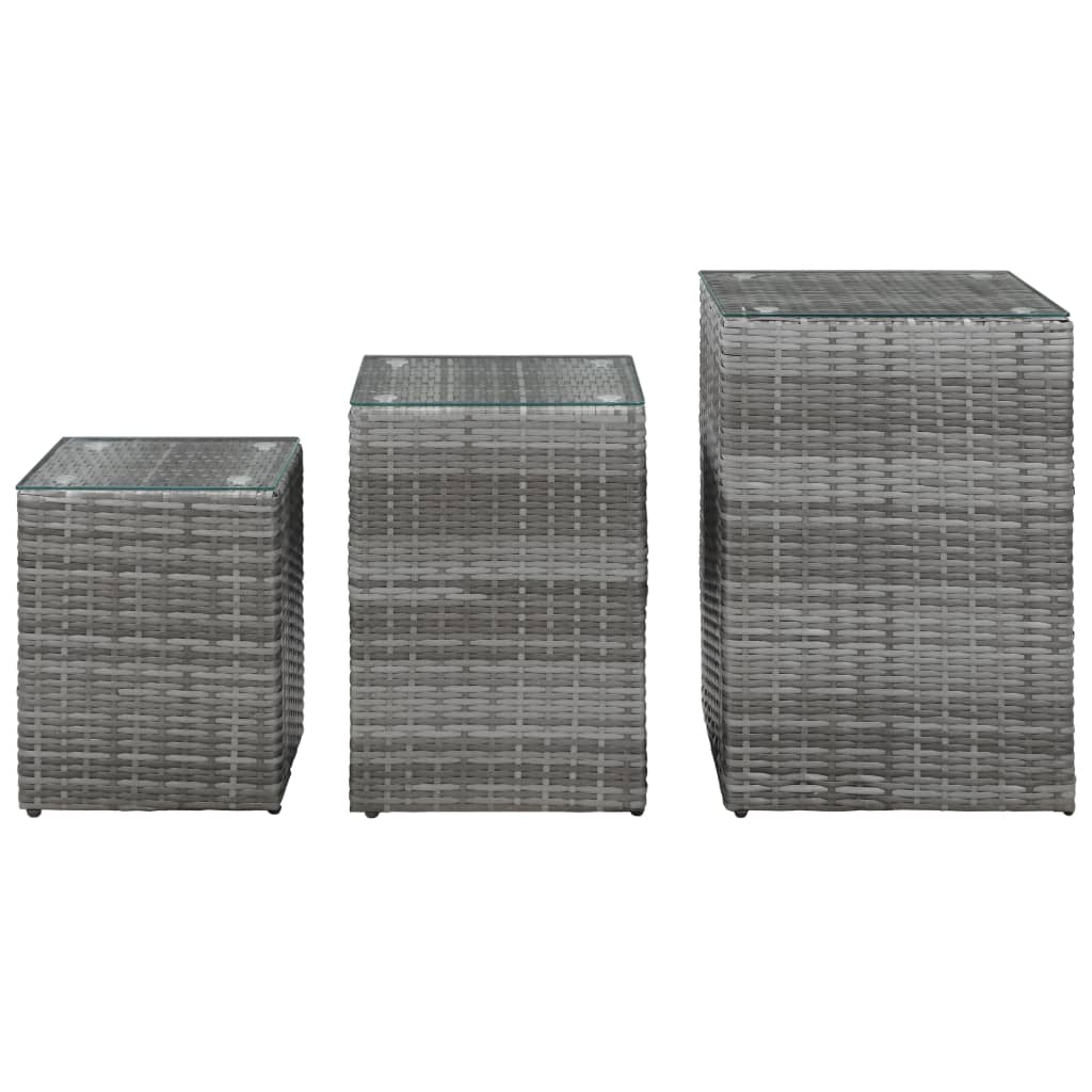 Side tables 3 pieces with glass top gray poly rattan