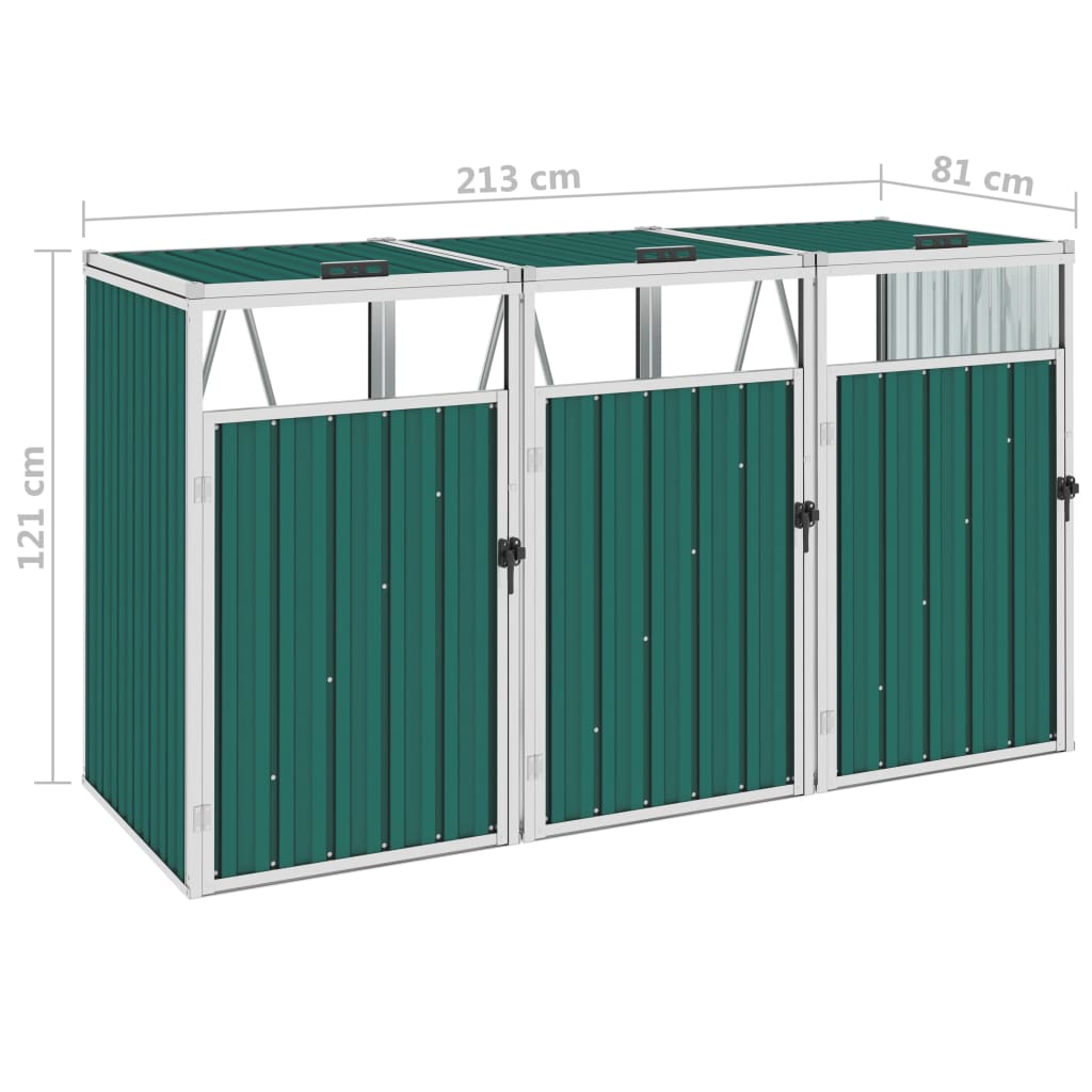 Garbage bin box for 3 garbage cans green 213×81×121 cm steel