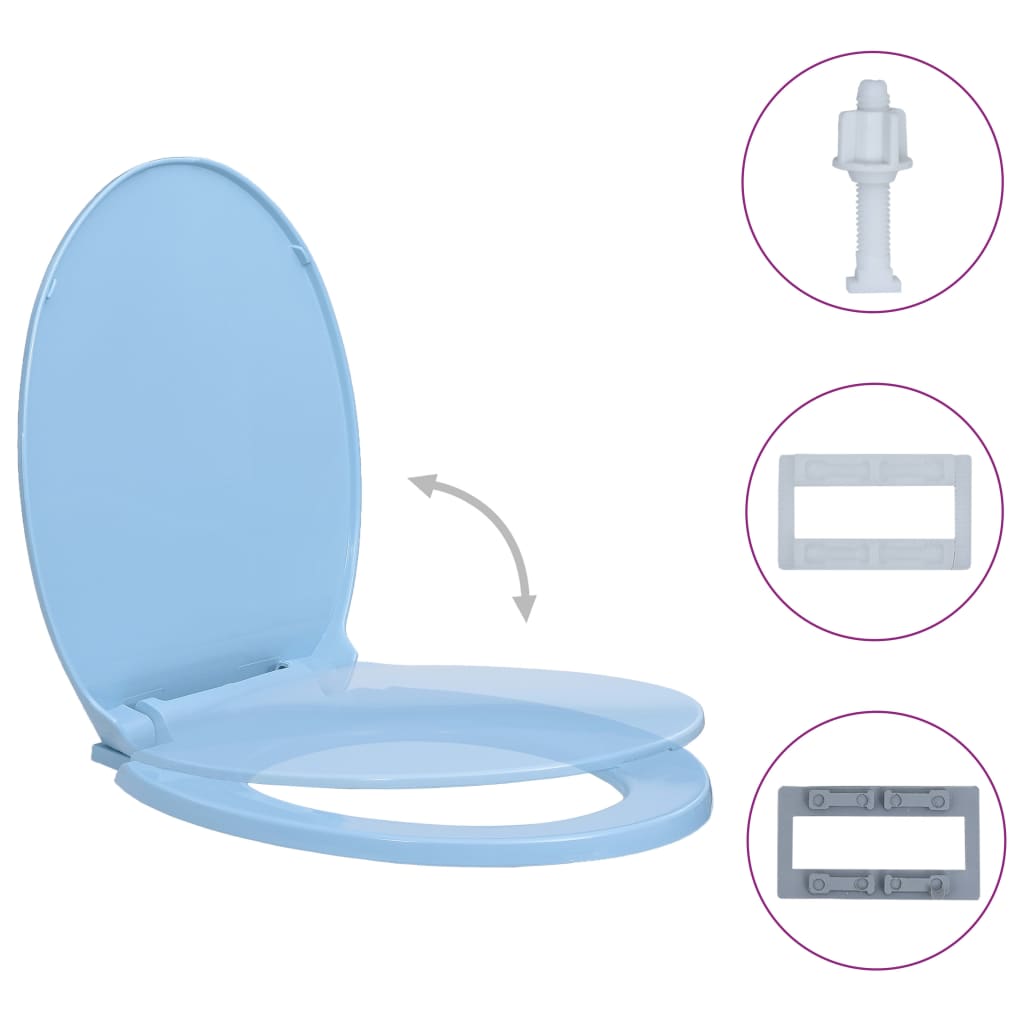 Toilet seat with soft-close mechanism blue oval