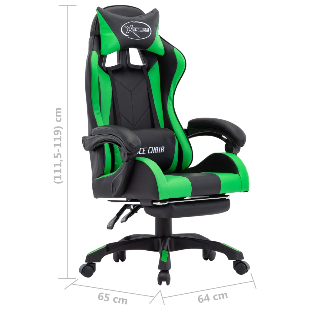 Gaming chair with footrest green and black faux leather