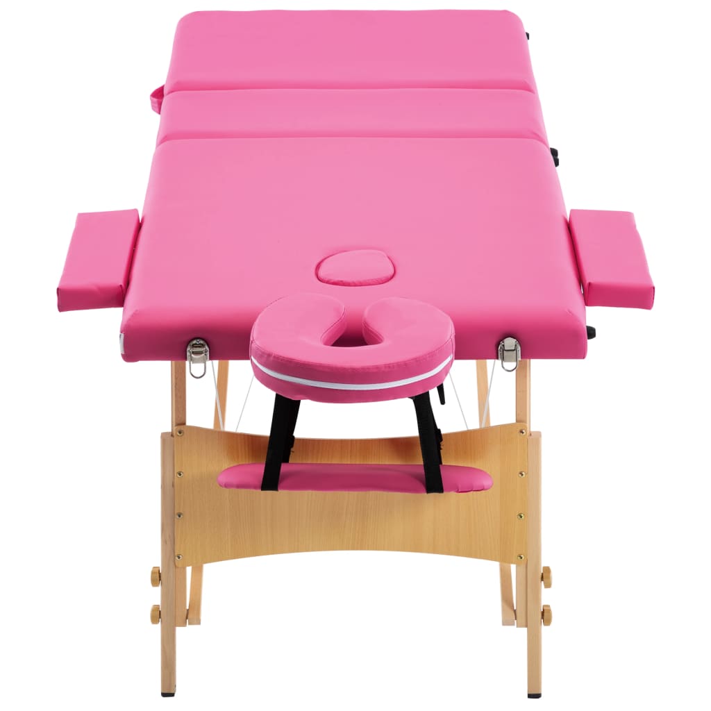 Massage table foldable 3 zones with wooden frame pink