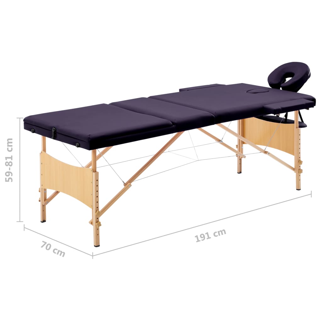 Massage table foldable 3 zones with wooden frame purple