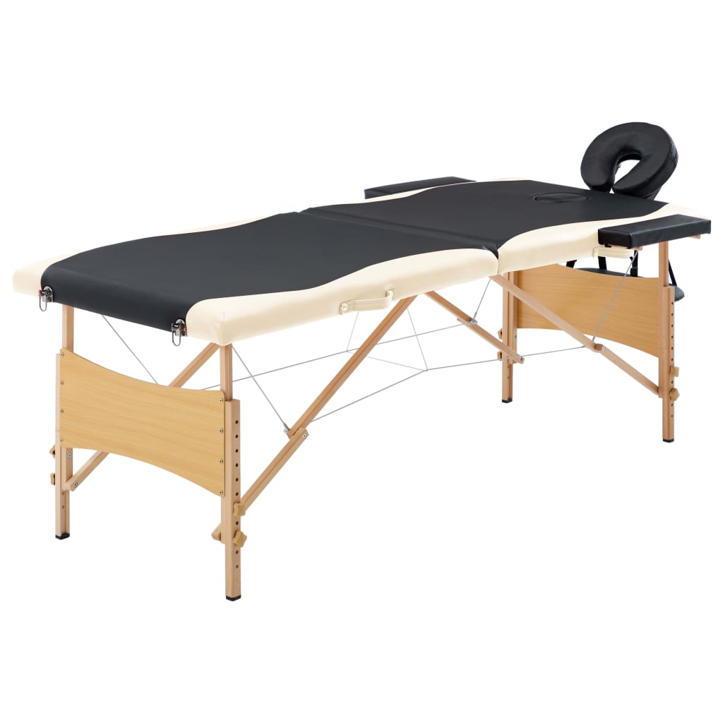 Massage table foldable 2-zone with wooden frame black and beige