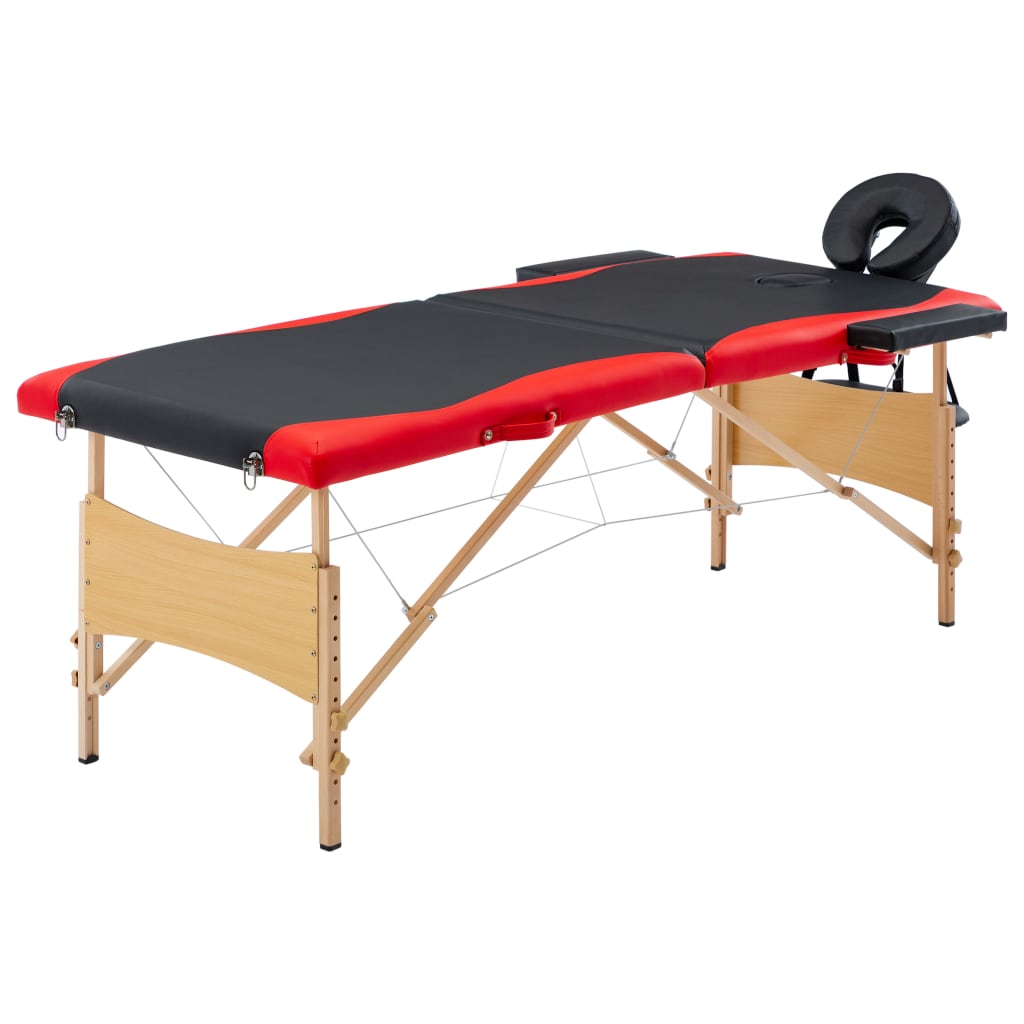 Massage table foldable 2-zone with wooden frame black and red