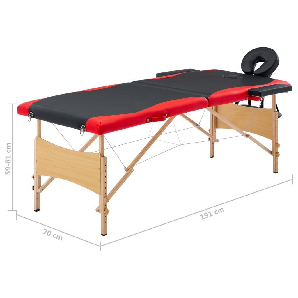 Massageliege Klappbar 2-Zonen mit Holzgestell Schwarz und Rot