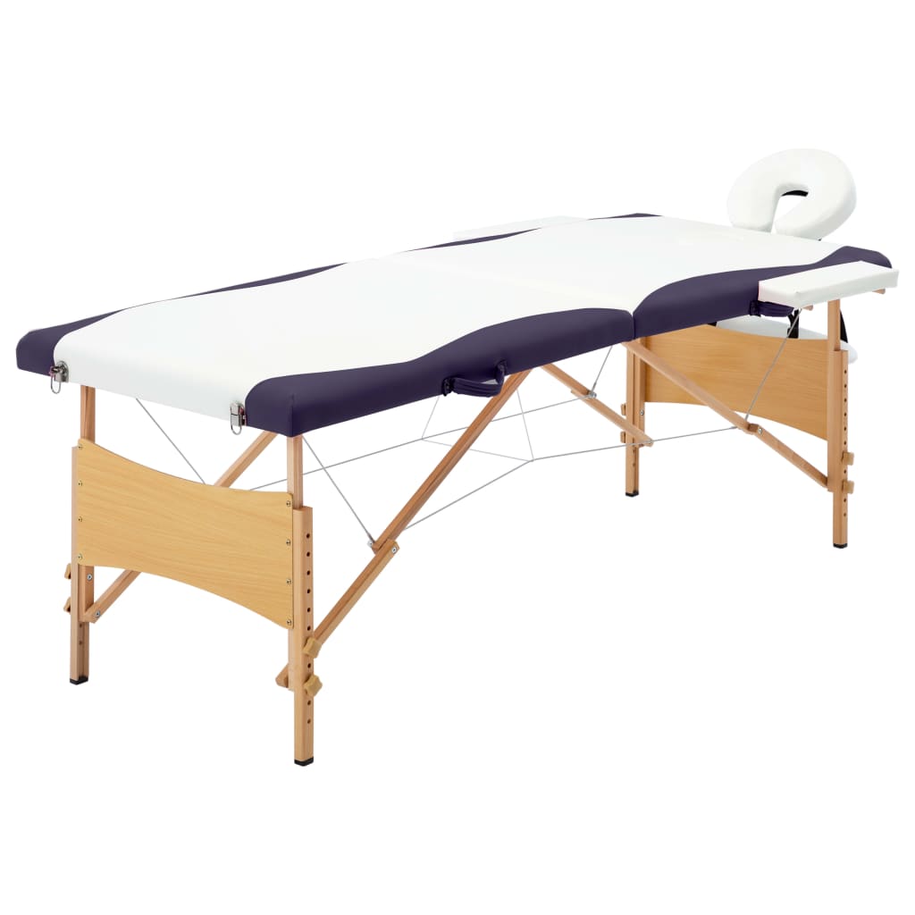 Foldable massage table 2 zones with wooden frame white and purple