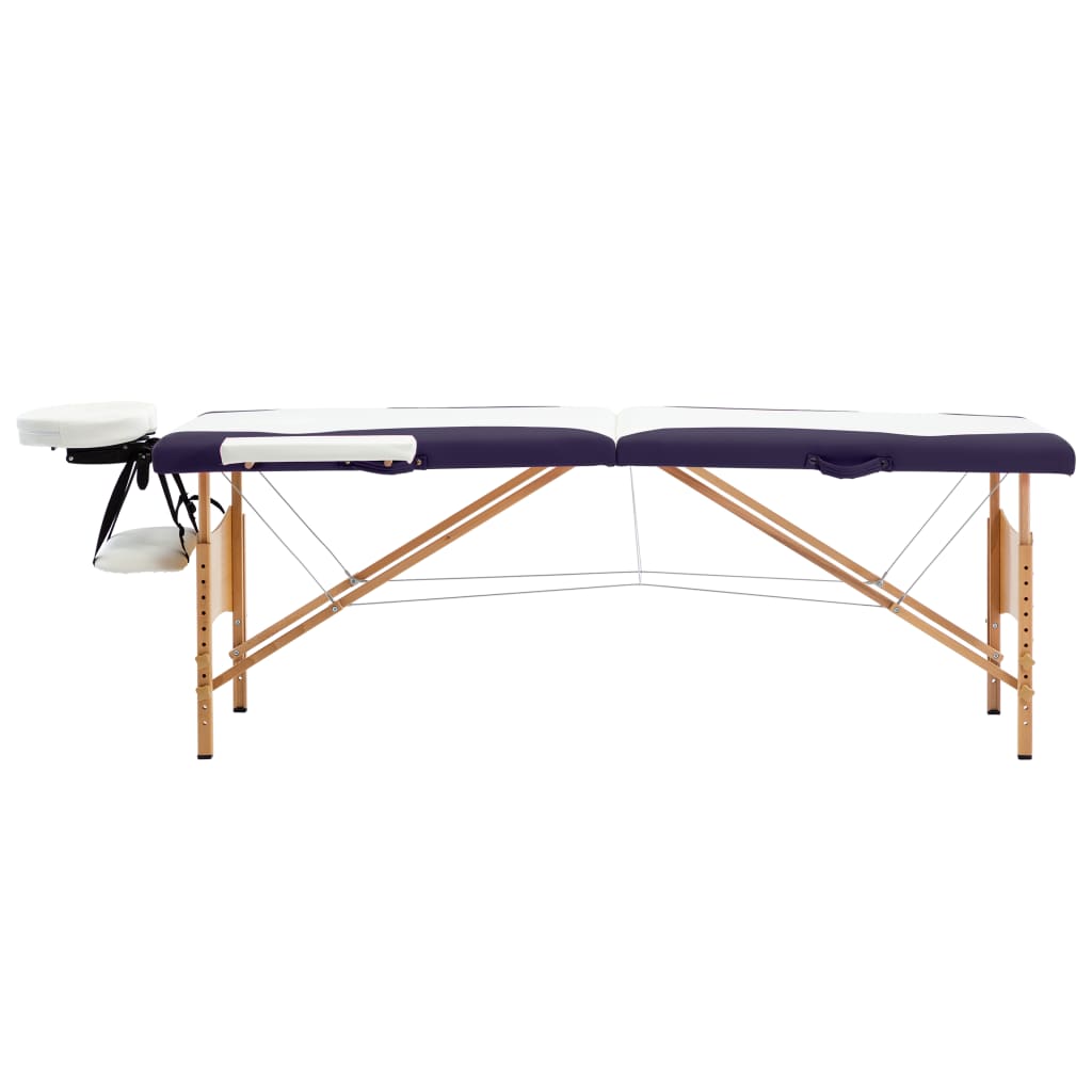 Foldable massage table 2 zones with wooden frame white and purple
