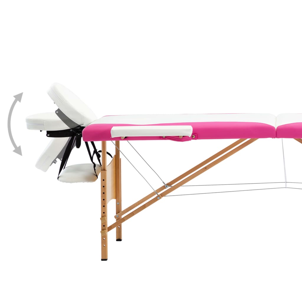 Foldable massage table 2 zones with wooden frame white and pink