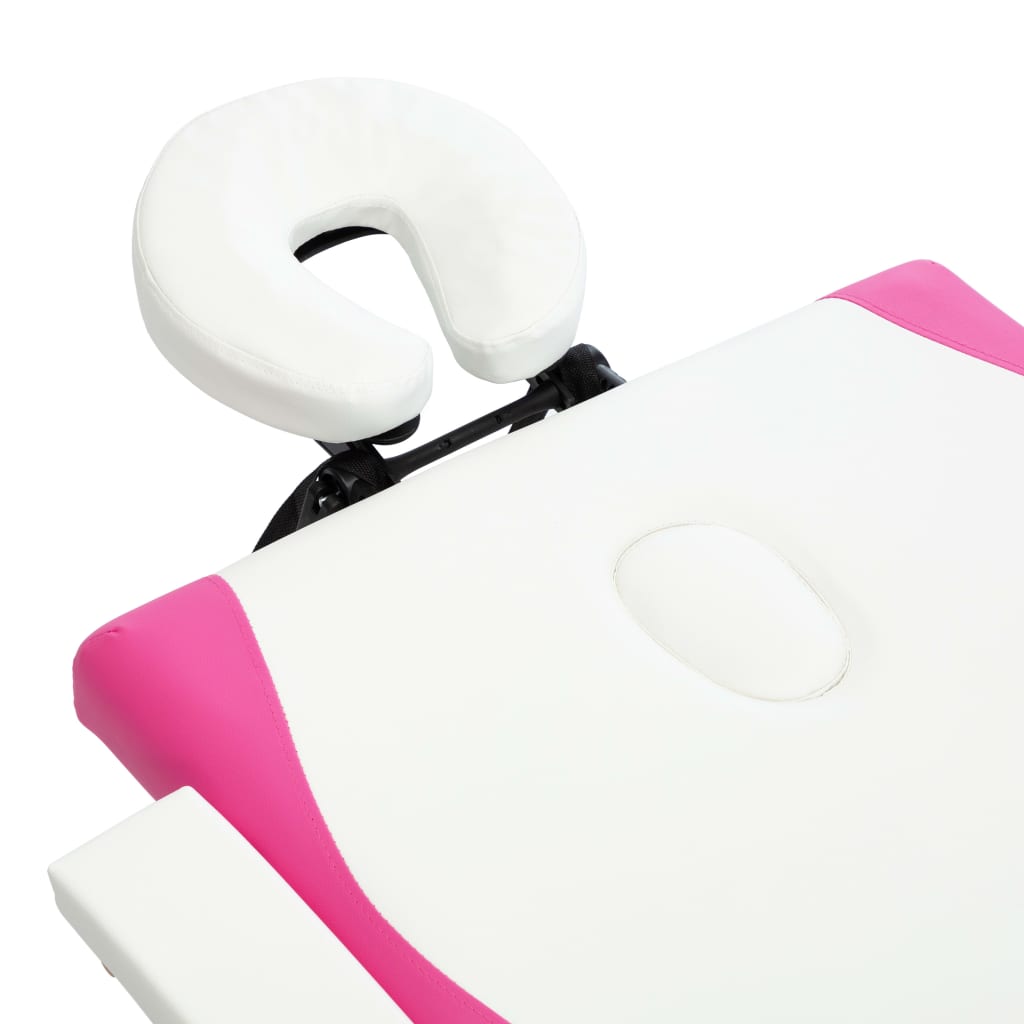 Foldable massage table 2 zones with wooden frame white and pink
