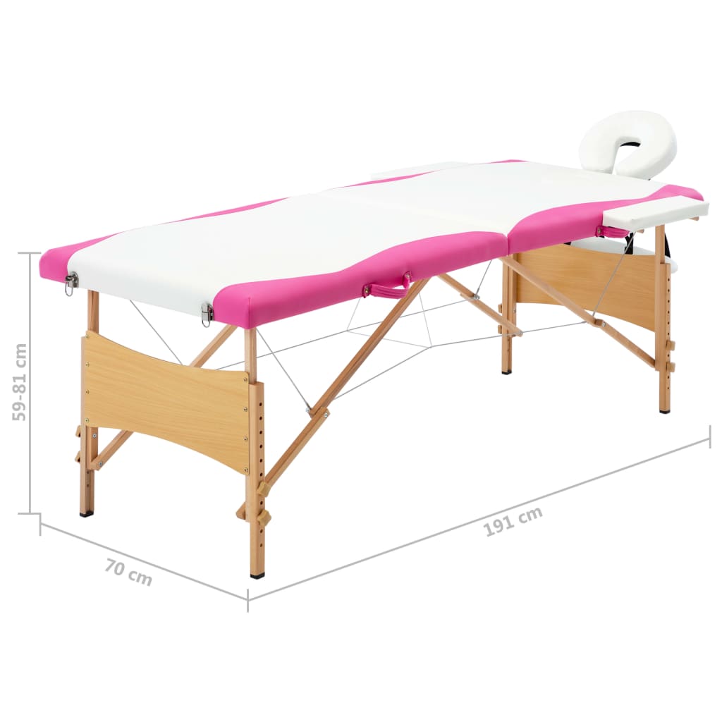 Massageliege Klappbar 2-Zonen mit Holzgestell Weiß und Rosa