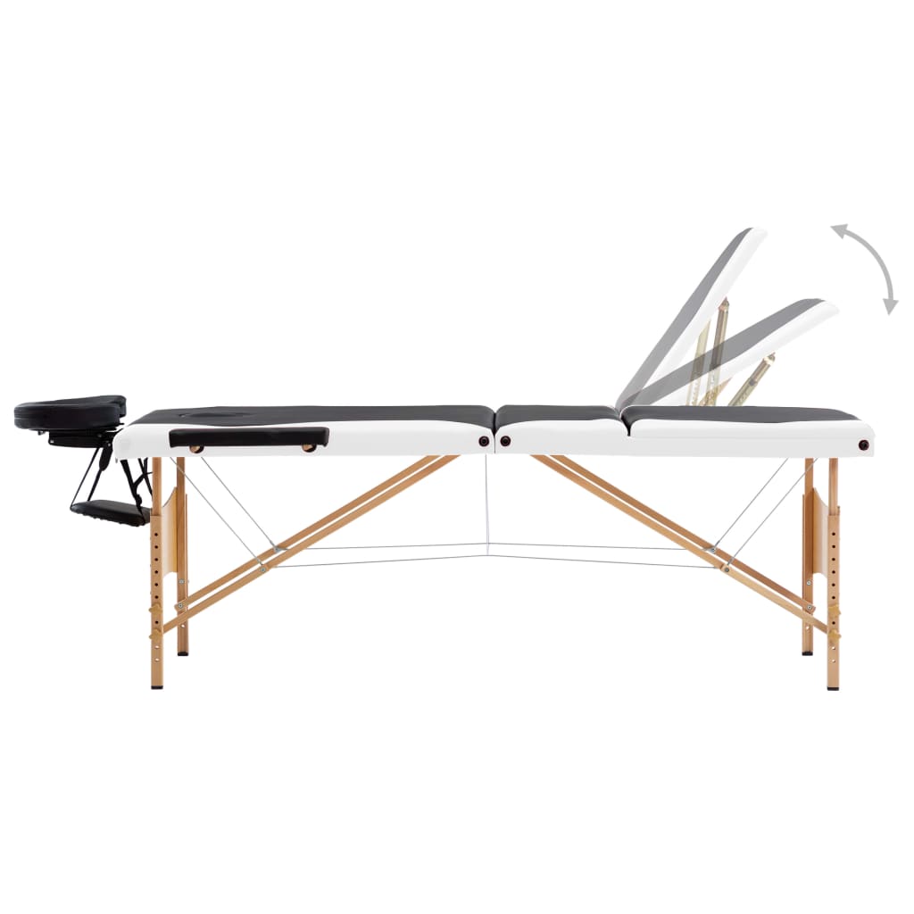 Foldable massage table 3 zones with wooden frame black and white