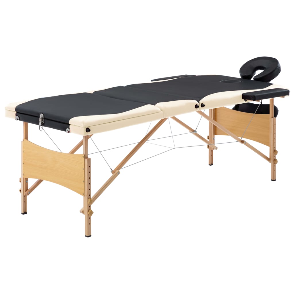 Foldable massage table 3 zones with wooden frame black and beige
