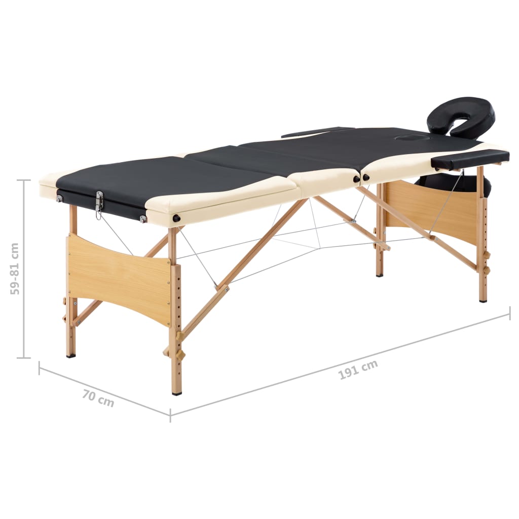 Massageliege Klappbar 3-Zonen mit Holzgestell Schwarz und Beige
