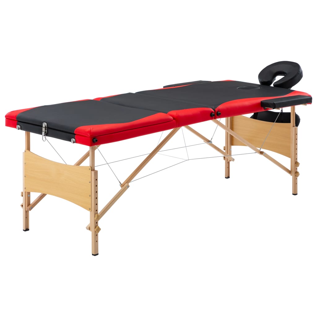 Massage table foldable 3 zones wood black and red