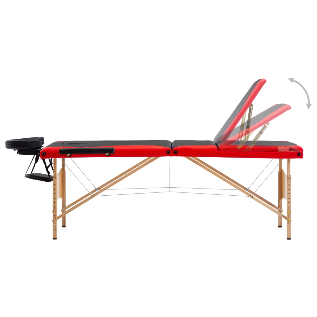 Massage table foldable 3 zones wood black and red
