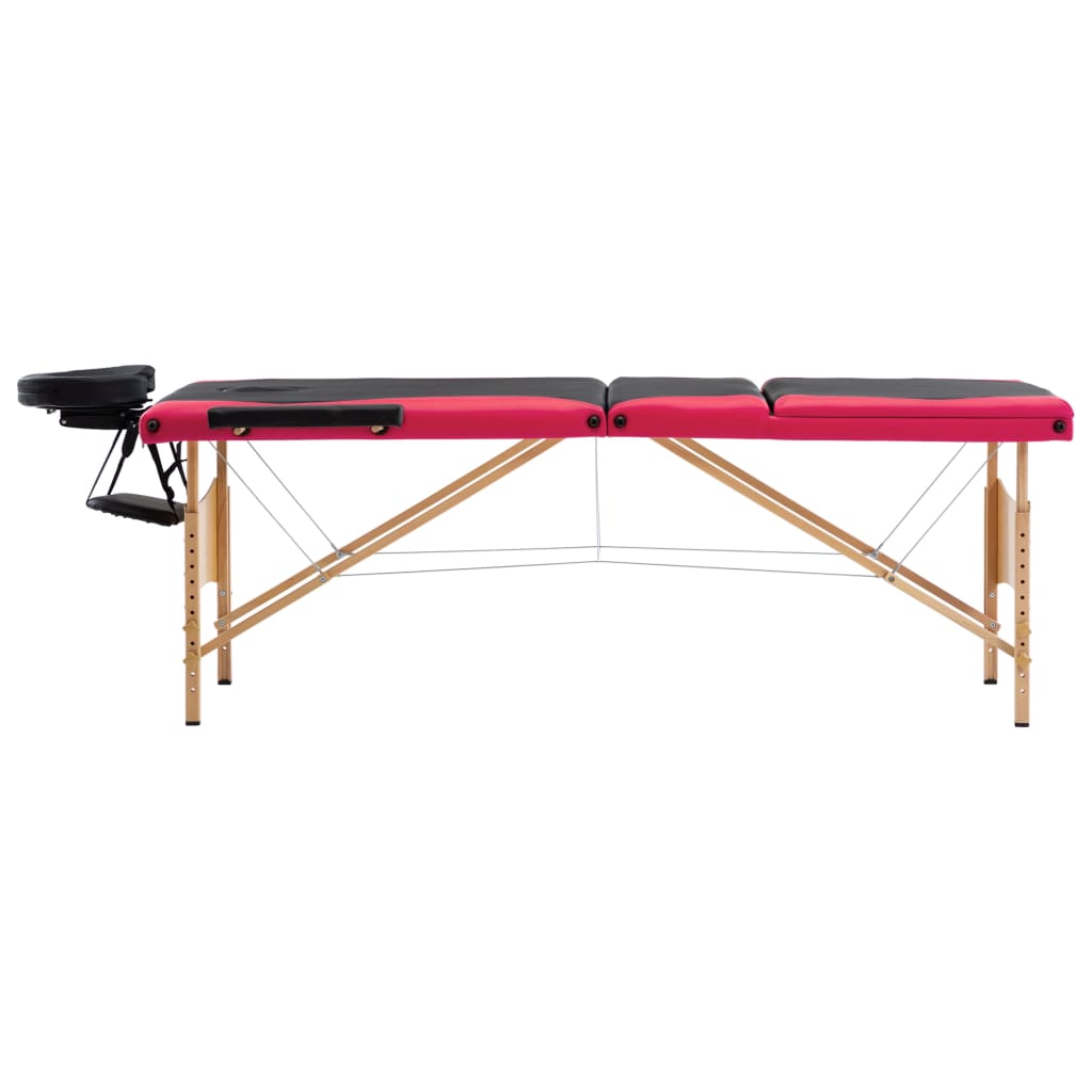 Foldable massage table 3 zones with wooden frame black and pink