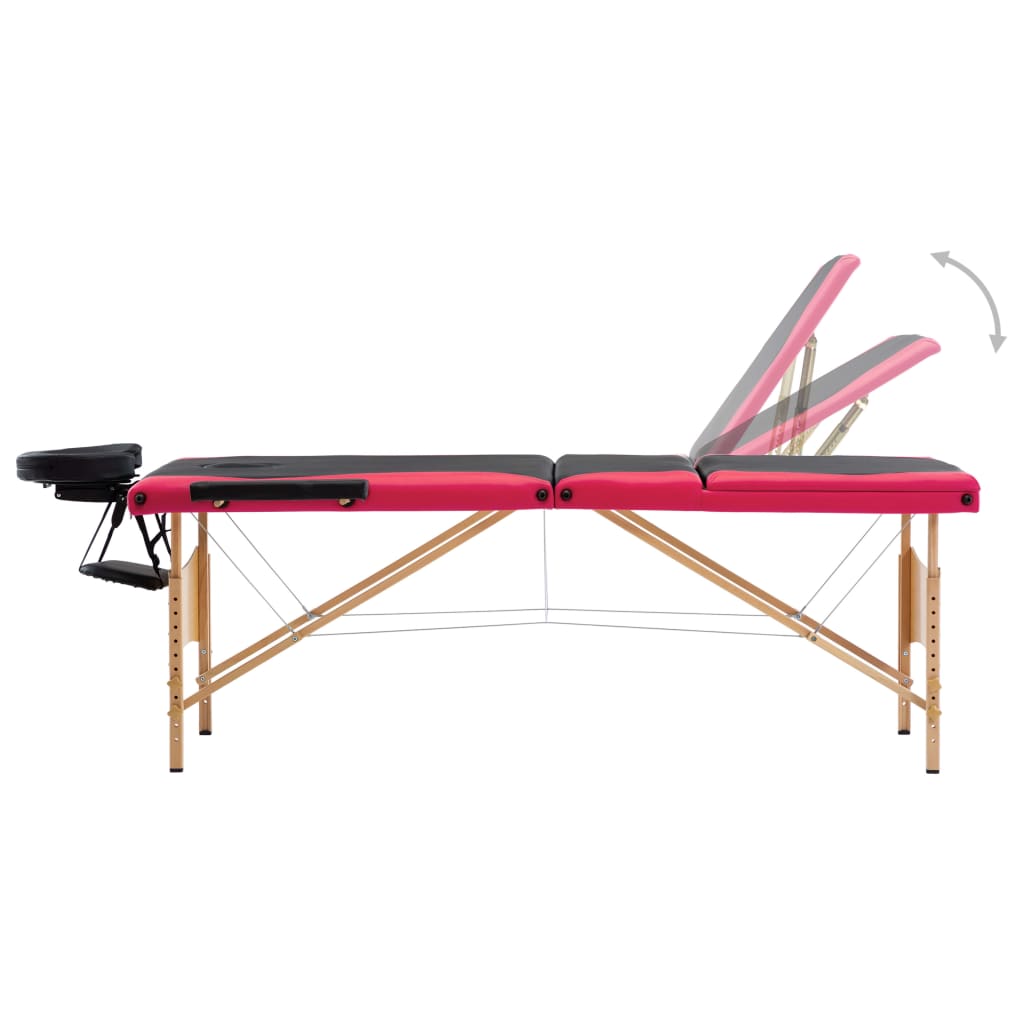 Foldable massage table 3 zones with wooden frame black and pink