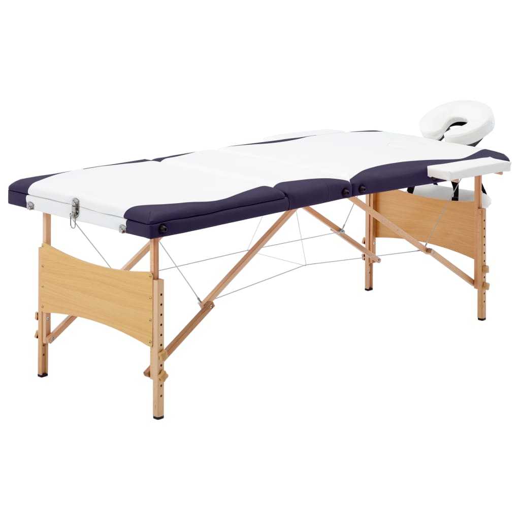 Foldable massage table 3 zones with wooden frame white and purple