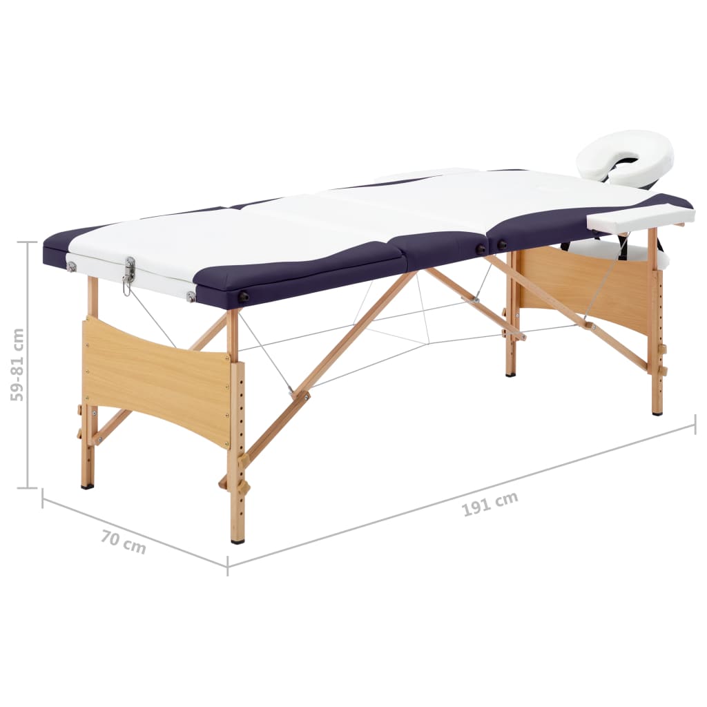 Foldable massage table 3 zones with wooden frame white and purple