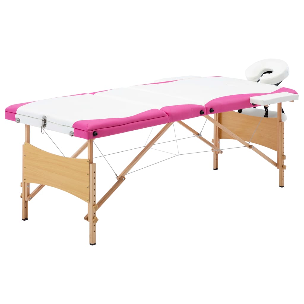 Massageliege Klappbar 3-Zonen mit Holzgestell Weiß und Rosa