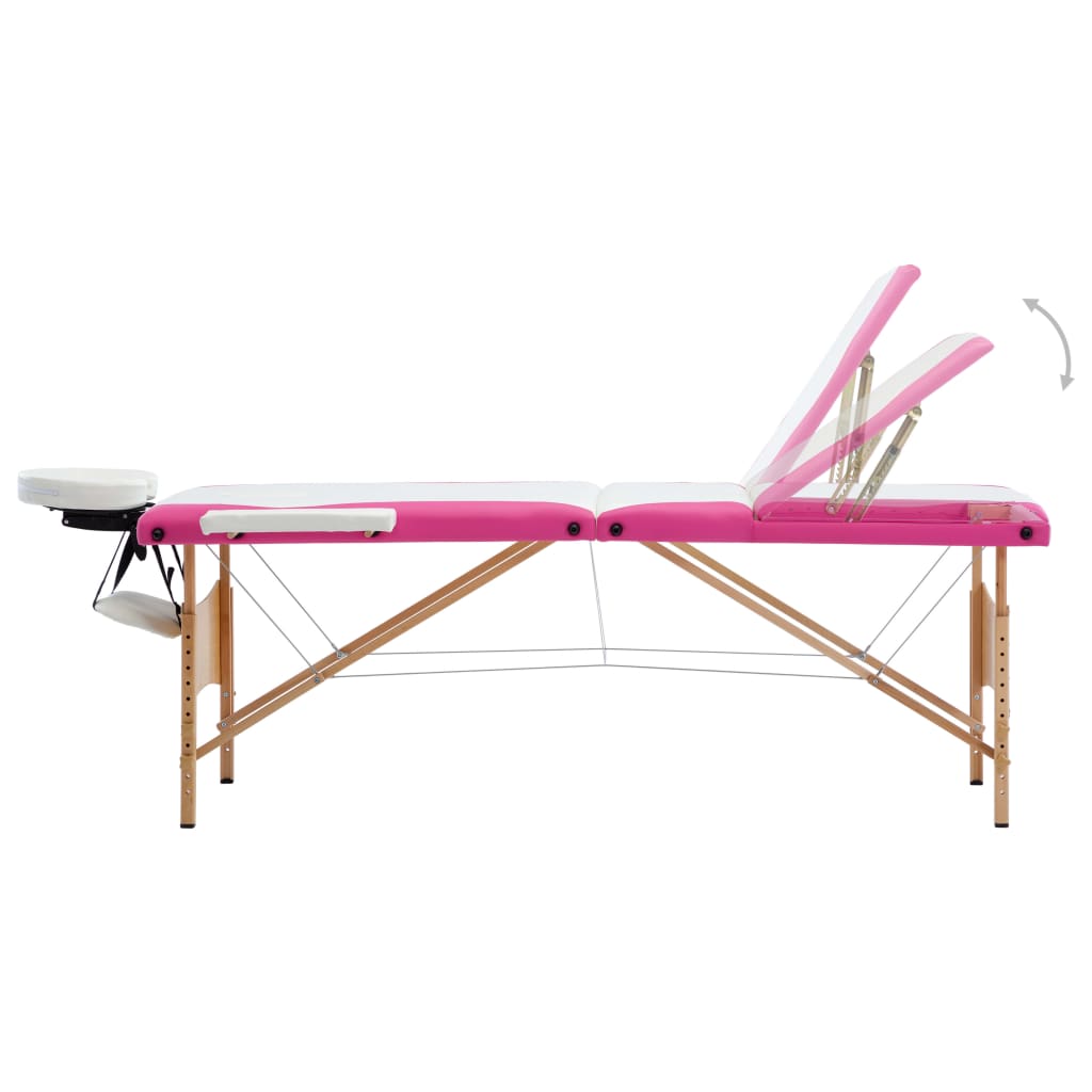 Foldable massage table 3 zones with wooden frame white and pink