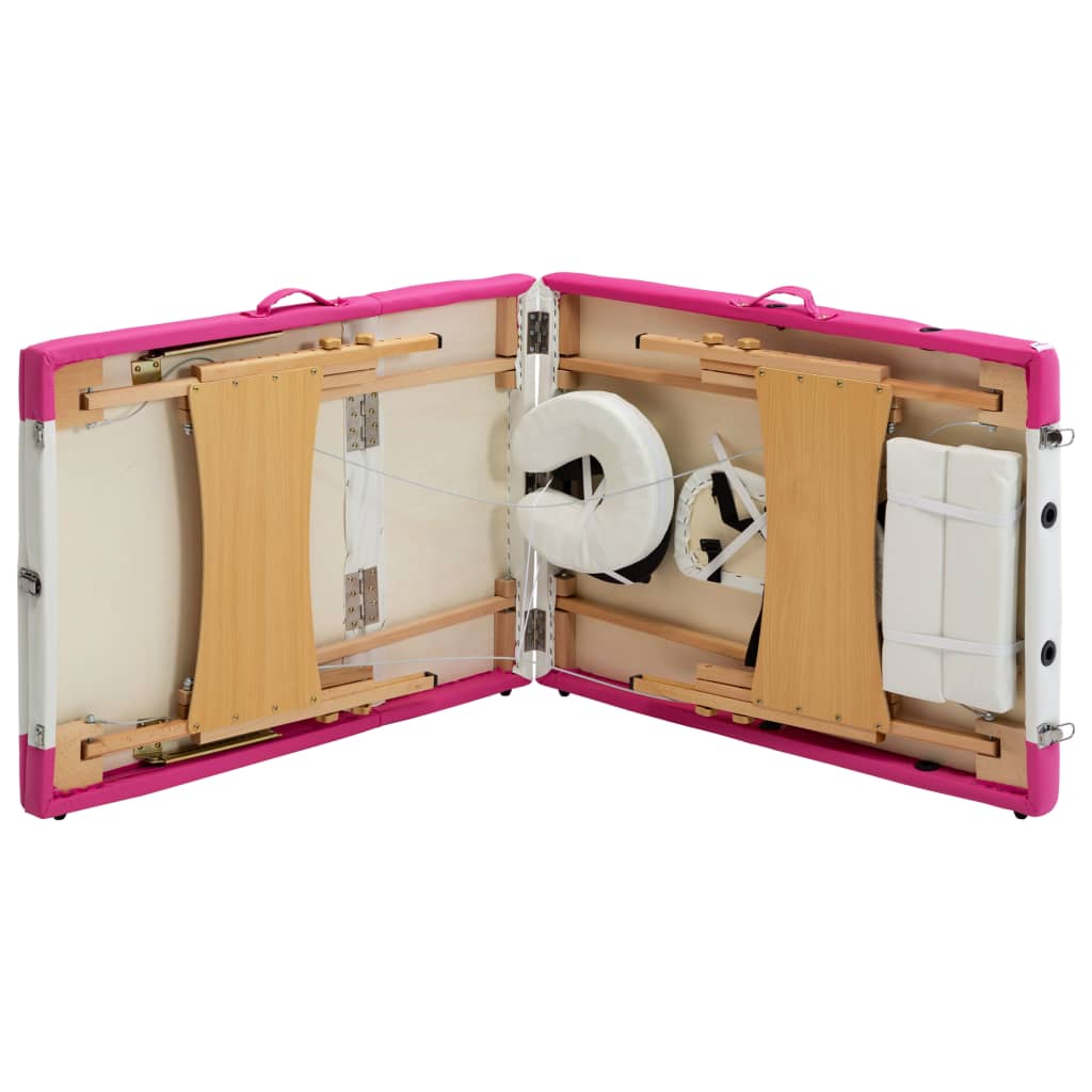 Foldable massage table 3 zones with wooden frame white and pink