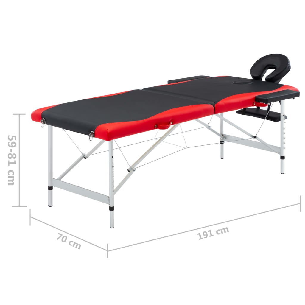 Massage table foldable 2 zones aluminum black and red