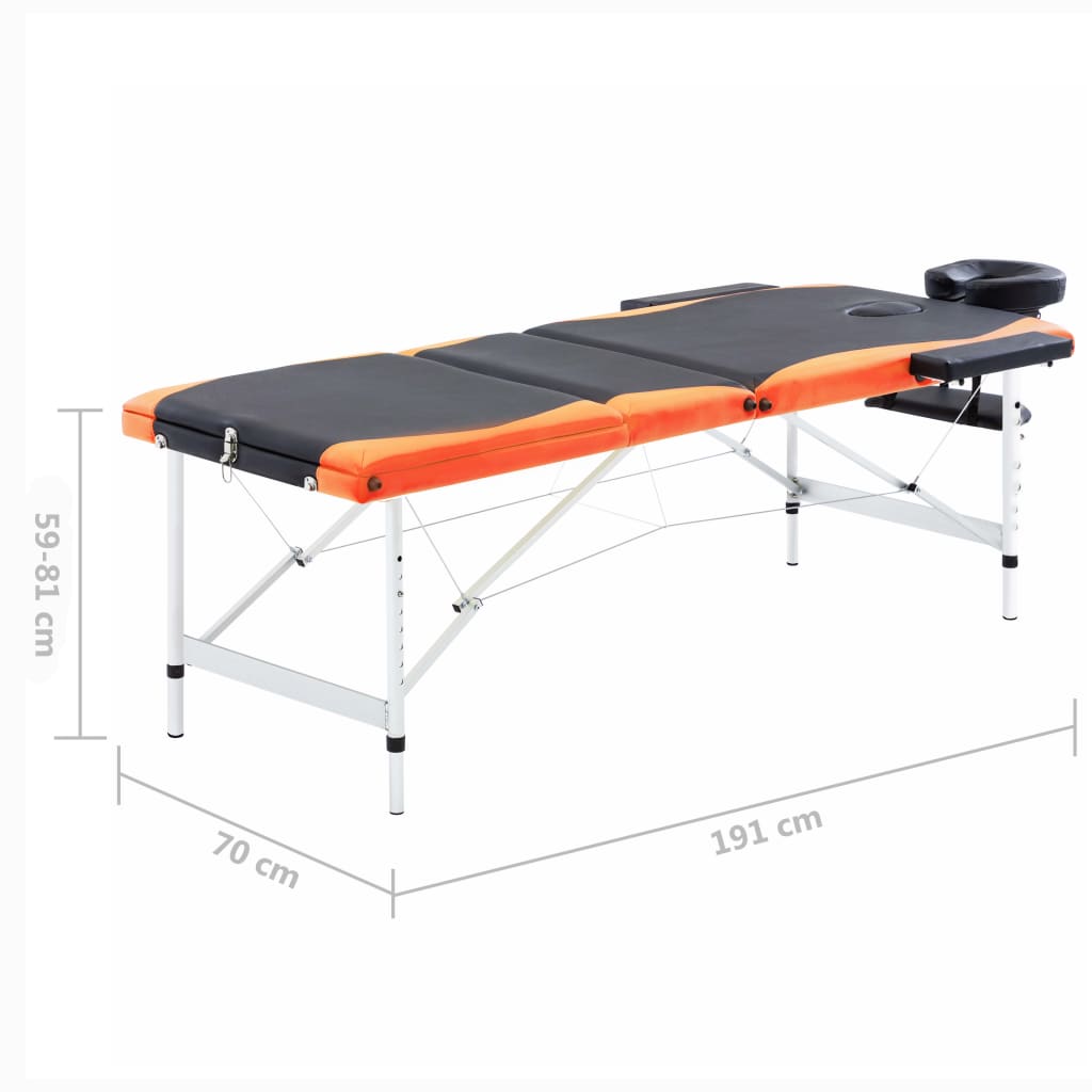 Massage table foldable 3 zones aluminum black and orange