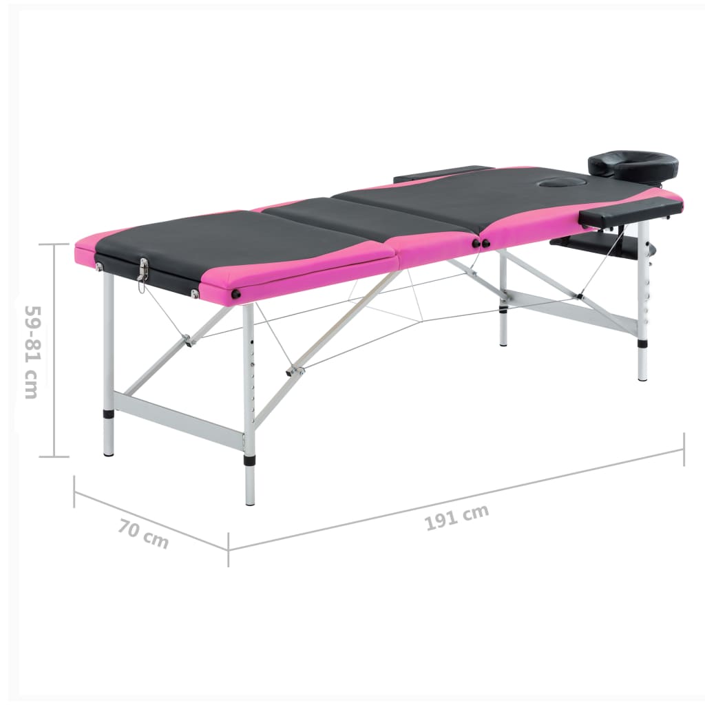 Massage table foldable 3-zone aluminum frame black and pink