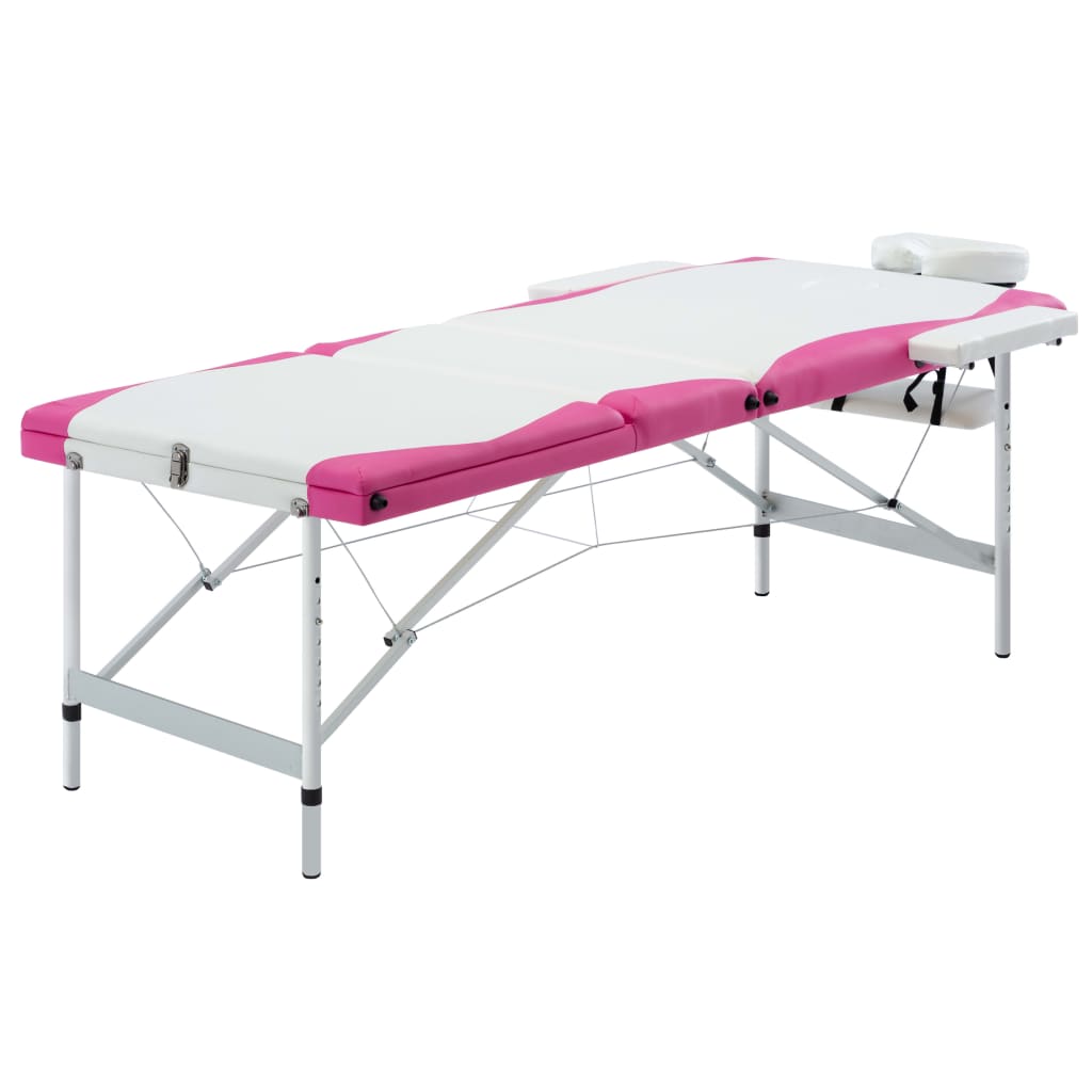 Massage table foldable 3 zones aluminum white and pink