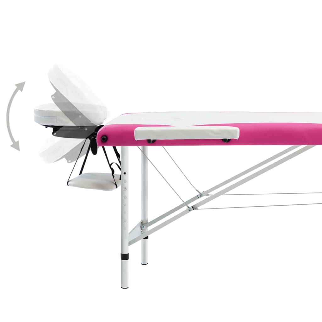 Massage table foldable 3 zones aluminum white and pink