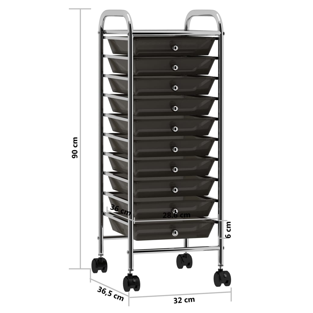 Drawer trolley with 10 drawers black plastic