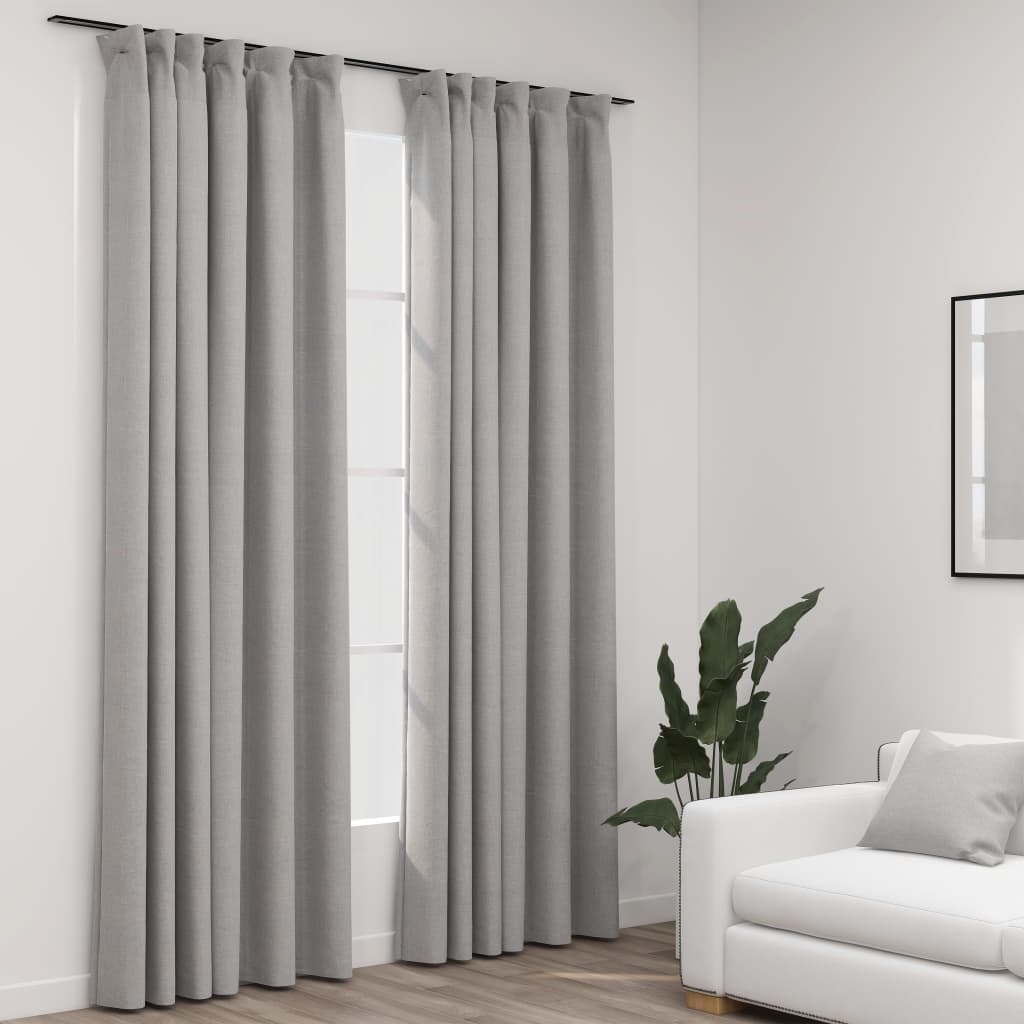Blackout curtains hooks linen look 2 pieces gray 140x245 cm