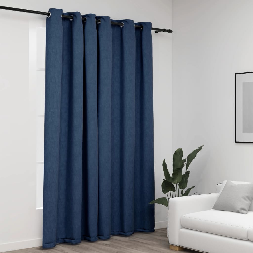 Blackout curtain with eyelets linen look blue 290x245 cm