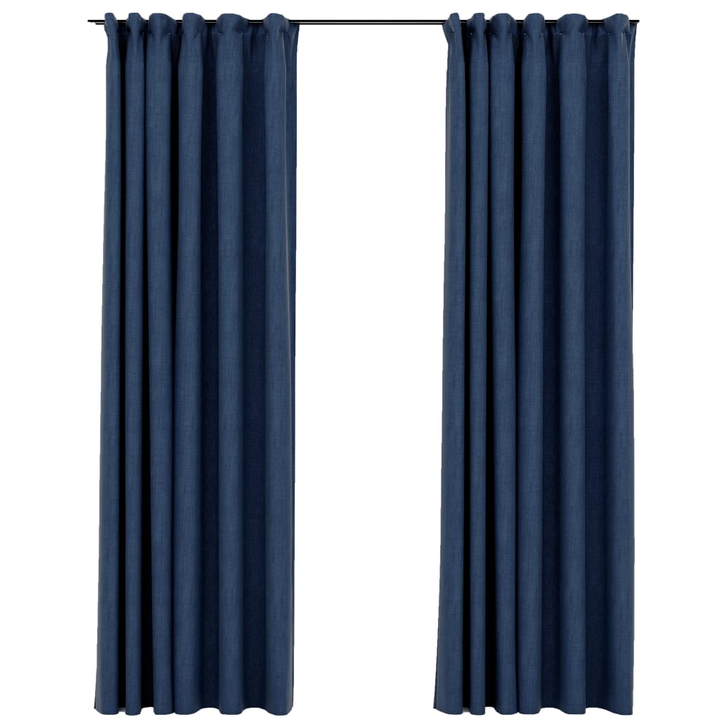Blackout curtains hooks linen look 2 pieces blue 140x245cm