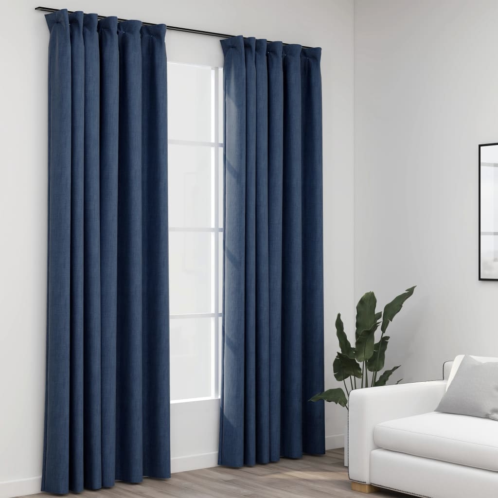 Blackout curtains hooks linen look 2 pieces blue 140x245cm
