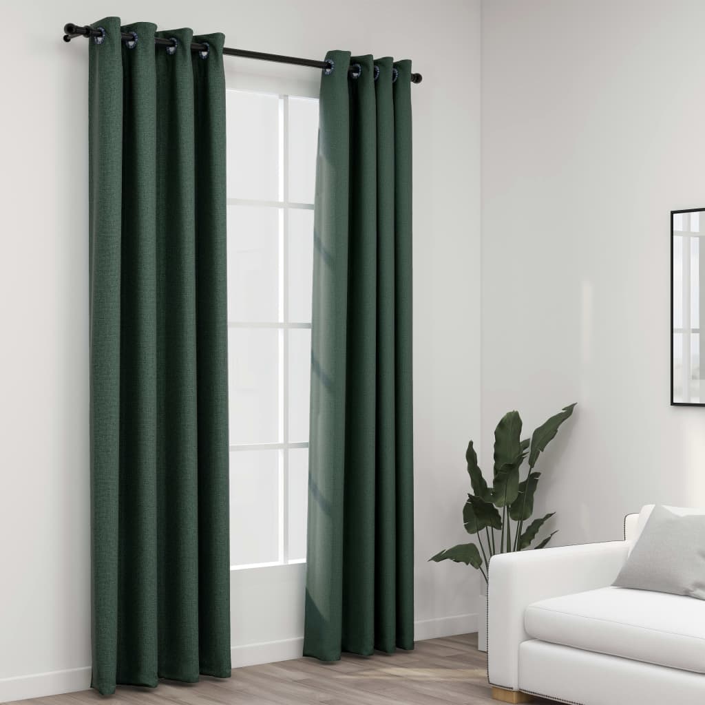 Blackout curtains with eyelets linen look 2 pieces. Green 140x245 cm