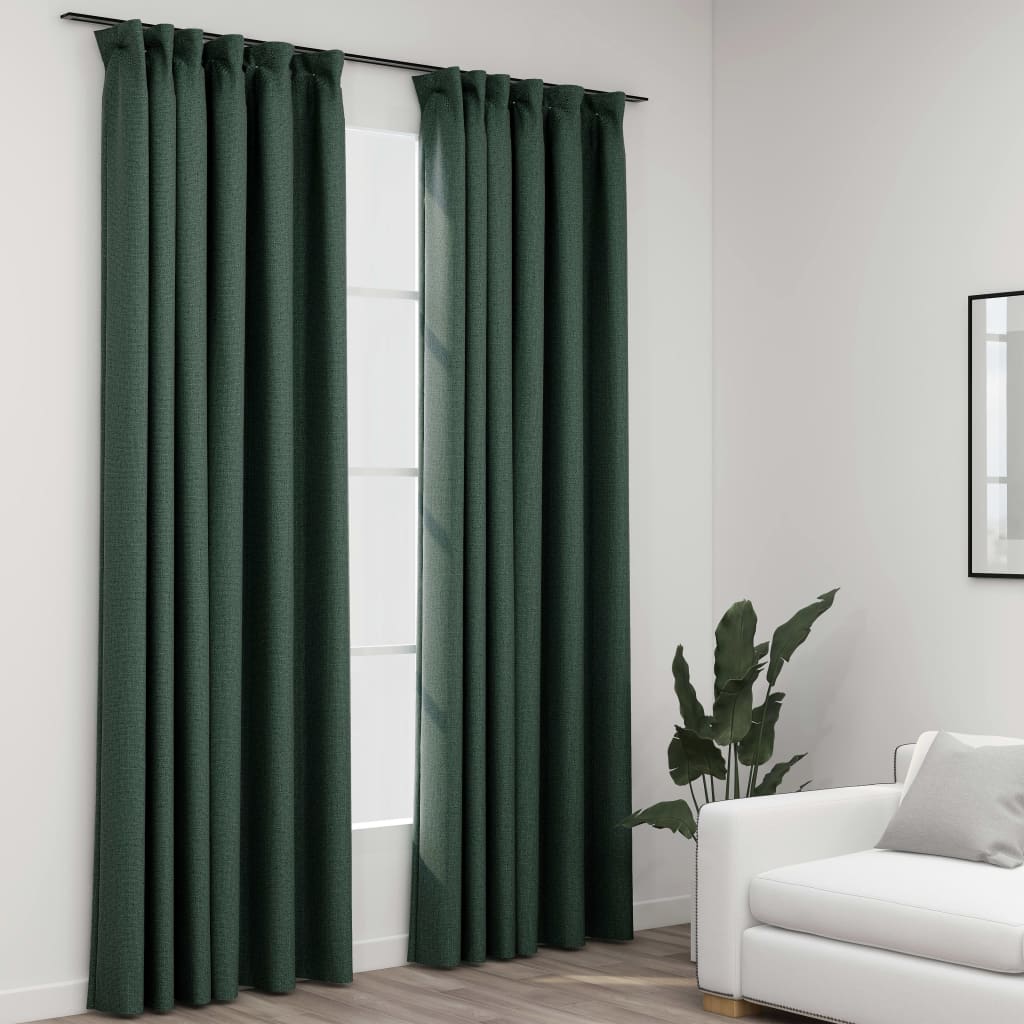 Blackout curtains hooks linen look 2 pieces green 140x245 cm